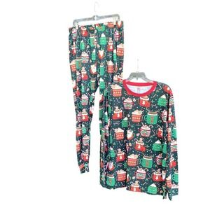 PJ‎ Place Christmas Pajama Set LG Green Santa Cocoa 100% Cotton Holiday Lounge